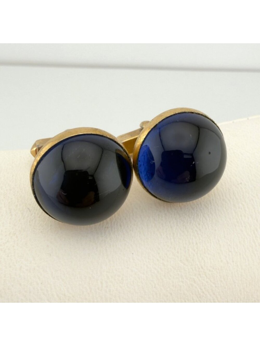 Vintage Blue Glass Dome Swank Cuff Links Cabochon Gold Tone
